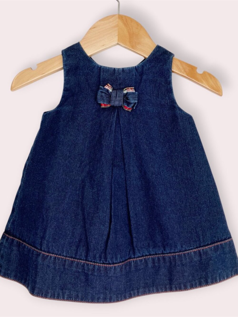 NWT Jacadi Annabela denim dress plaid pinafore w/ bow crossback size 3 months